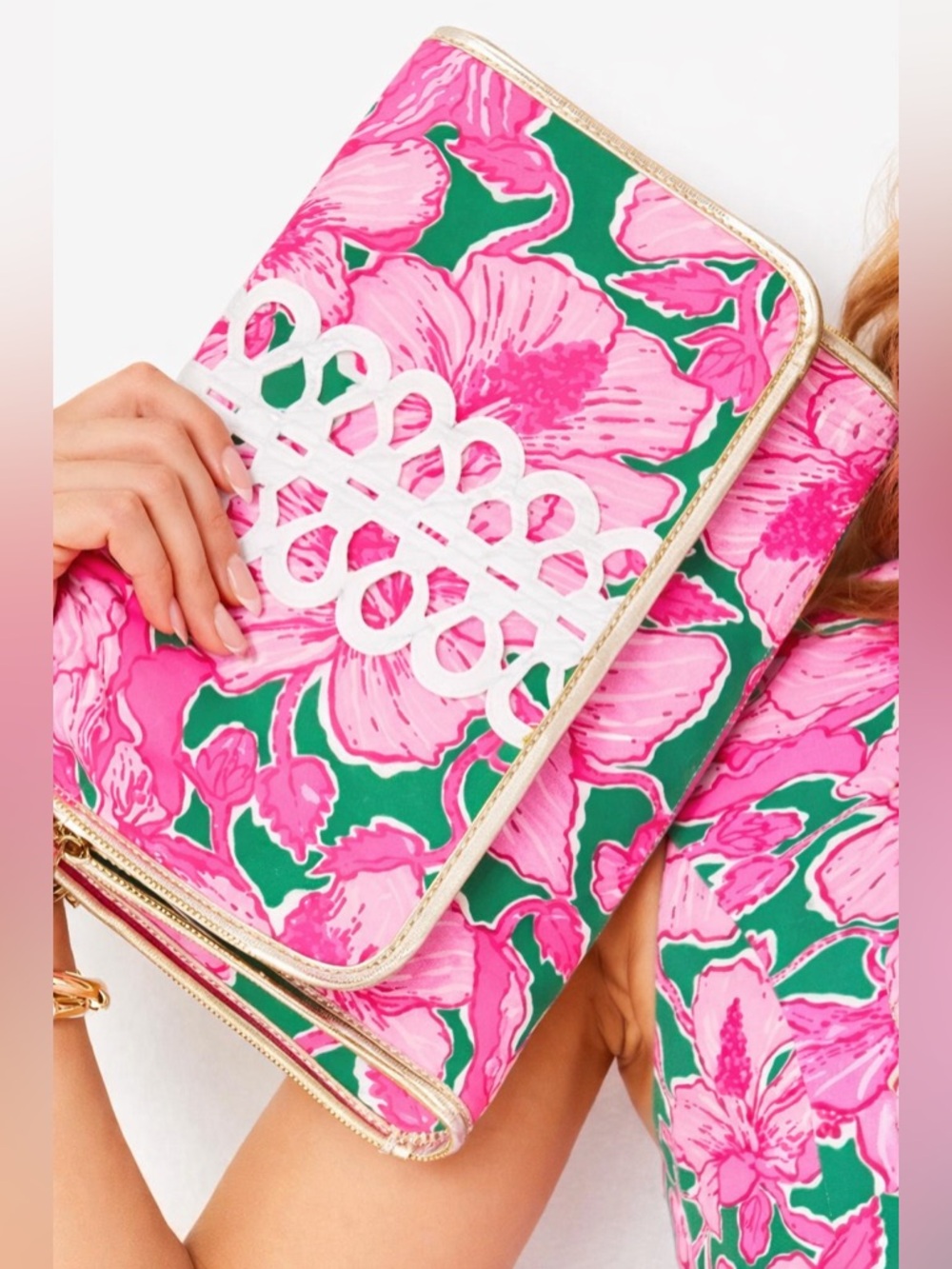 Lilly Pulitzer Envelope Pouch Clutch Purse Pink & Green Hibiscus Gold Trim